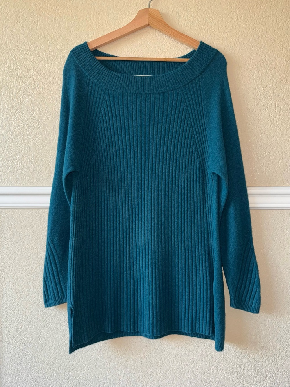 100% Cashmere Sweater Crewneck Ribbed Teal Blue Large